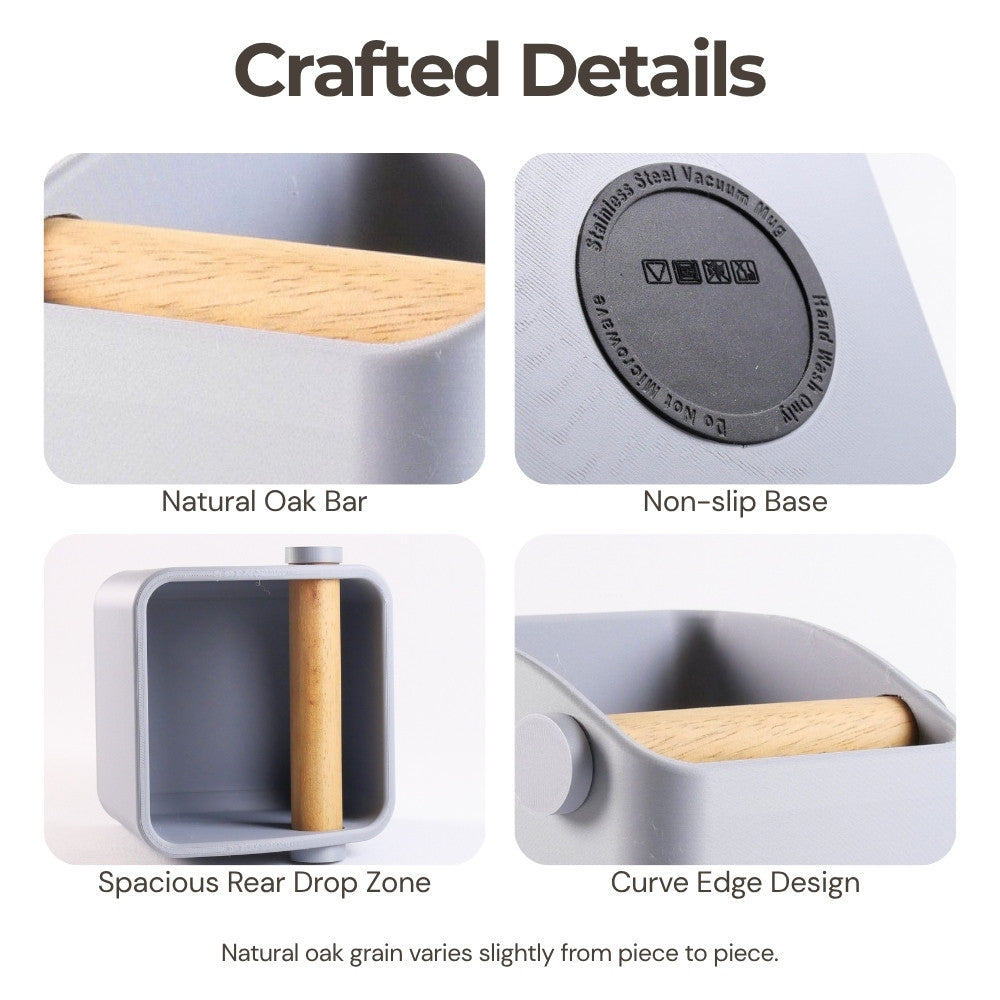 KNOCDIC® Square Espresso Knock Box with Oak Knock Bar for coffee grounds disposal, featuring a sleek metal design and wooden bar.