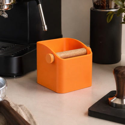 KNOCDIC® Square Espresso Knock Box with oak knock bar for easy coffee grounds disposal and durable espresso shot preparation.