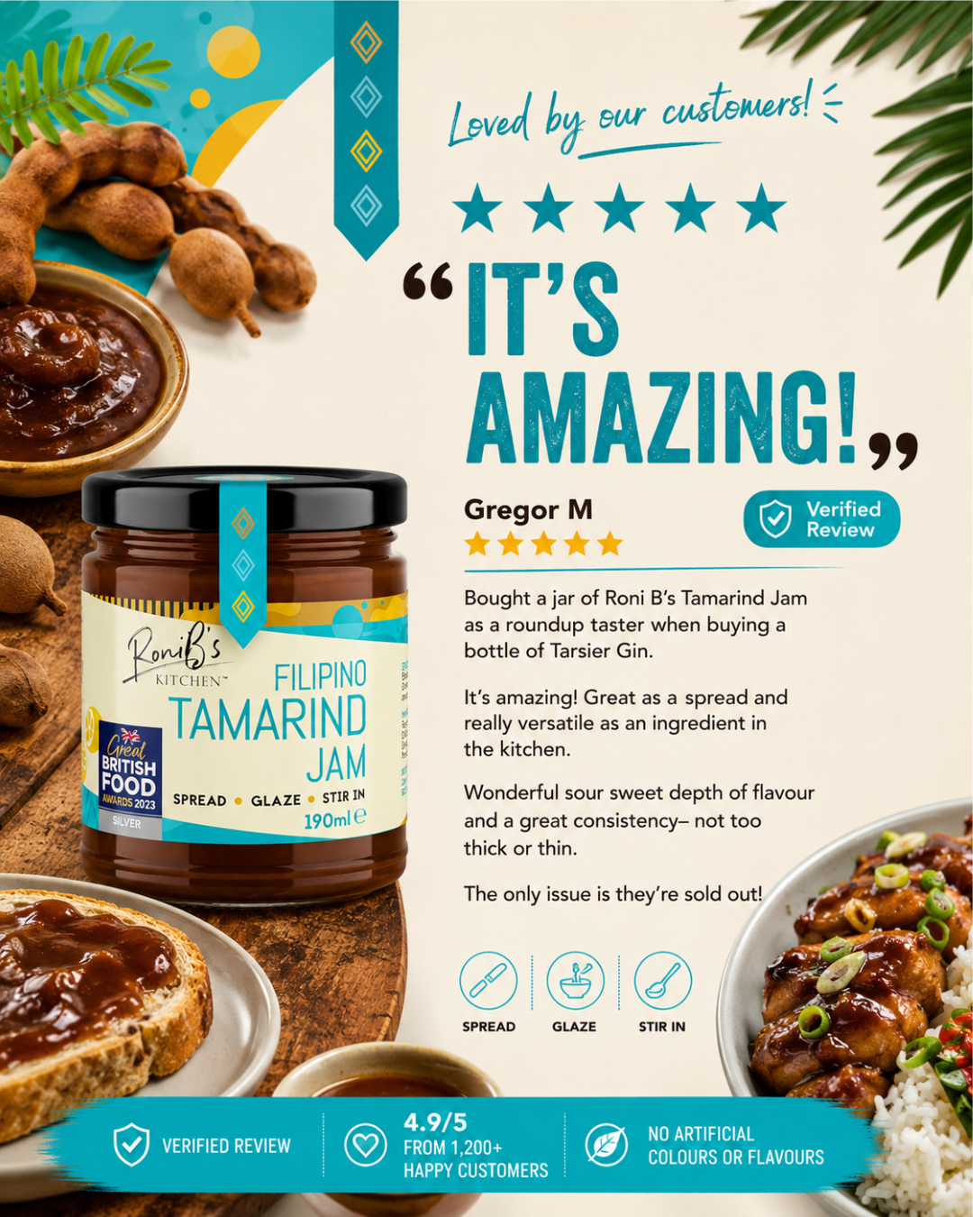 Filipino tamarind jam by RoniBs Kitchen with Tarsier Gin, showcasing a jar of jam perfect for pairing with cheese.