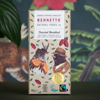 Bennetto Natural Foods UK toasted hazelnut chocolate bar with visible toasted hazelnut pieces and smooth chocolate surface