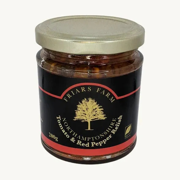 Cropped image of Friars Farm Tomato and Red Pepper Relish jar, showcasing the colorful relish inside without labels.