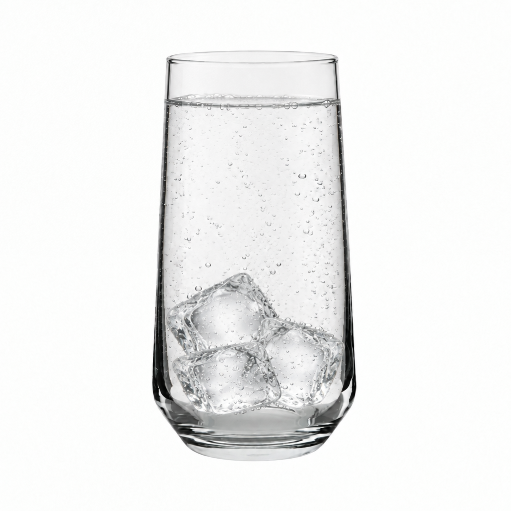 Set of 6 Allegra Long Drink Glasses by Glassware UK, 470ml, with ice cubes inside, showcasing elegant tall glassware for beverages.