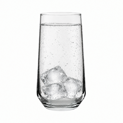 Set of 6 Allegra Long Drink Glasses by Glassware UK, 470ml, with ice cubes inside, showcasing elegant tall glassware for beverages.