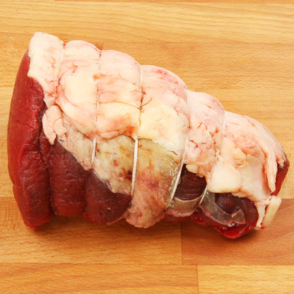 Prime Cornish grass-fed dry-aged beef topside joint from Primrose Herd, showcasing a fresh, well-marbled beef cut.