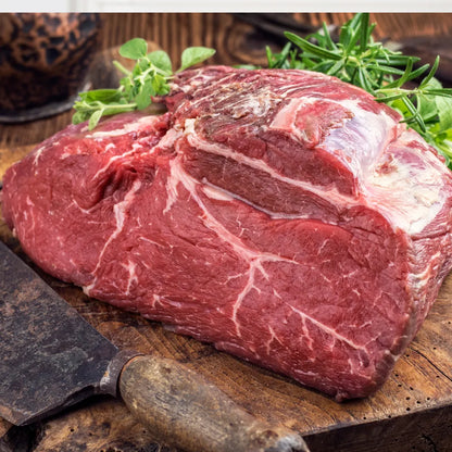 Prime Grass-Fed Beef Topside joint from Primrose Herd, showcasing a fresh, lean beef cut with a rich, red color and marbling.