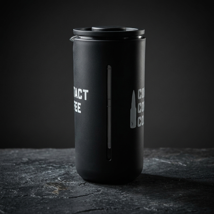 Side view of Timemore French Press coffee gear with glass carafe, highlighting its sleek design and durable construction.