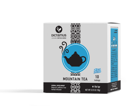 Greek Mountain Tea from The Greek Deli Club, 10 tea bags, dried mountain herb leaves in a tea bag.