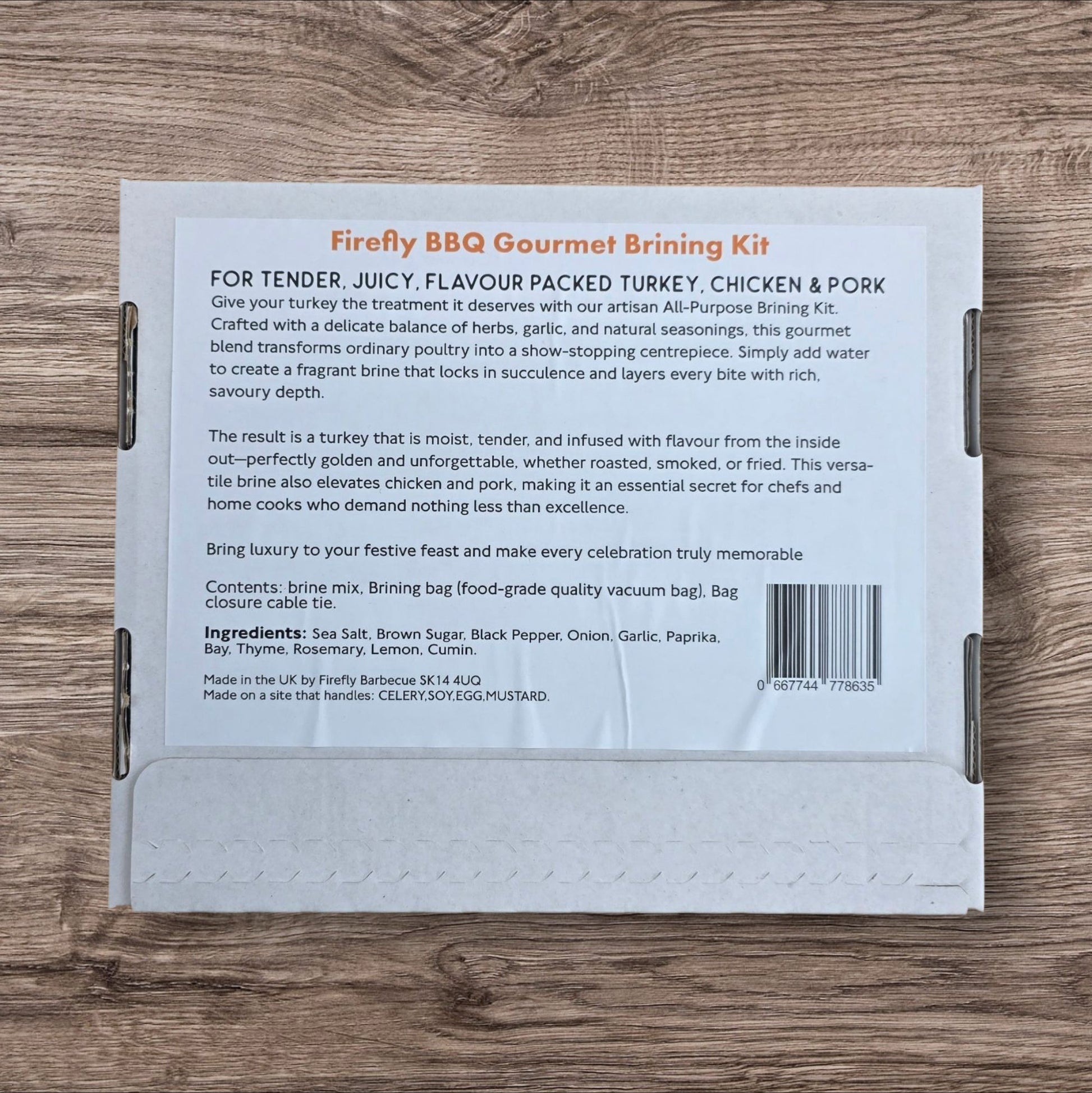 FireFly Barbecue Firefly BBQ Gourmet Brining Kit containing ingredients and tools for flavorful turkey brining.