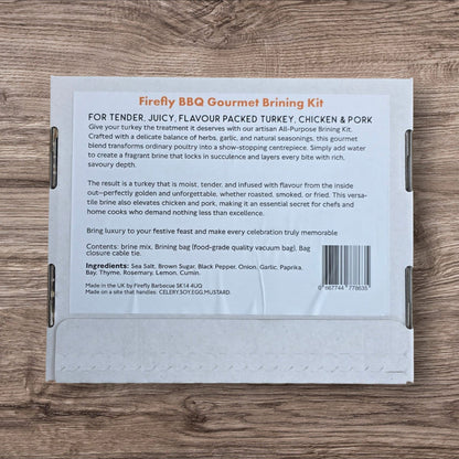 FireFly Barbecue Firefly BBQ Gourmet Brining Kit containing ingredients and tools for flavorful turkey brining.