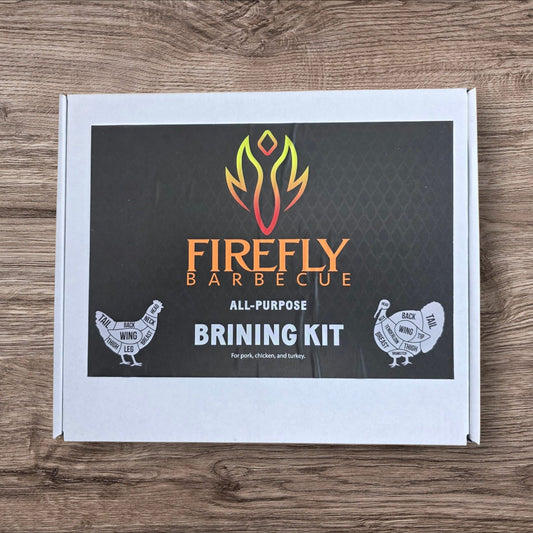 FireFly Barbecue Firefly BBQ Gourmet Brining Kit with turkey brine solution in a clear plastic container.