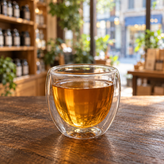 Organic Turkish Apple Tea from Porter Hill Tea Company, showing brewed fruit and herbal tea in a clear glass cup.