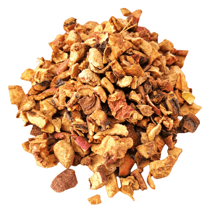 Organic Turkish Apple Tea from Porter Hill Tea Company in a clear container, showing dried apple pieces and herbal blend.