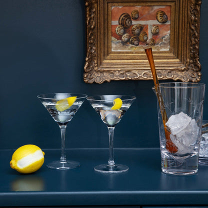 Pair of crystal martini glasses with elegant fern design by The Vintage List, showcasing clear glass and intricate leaf patterns.