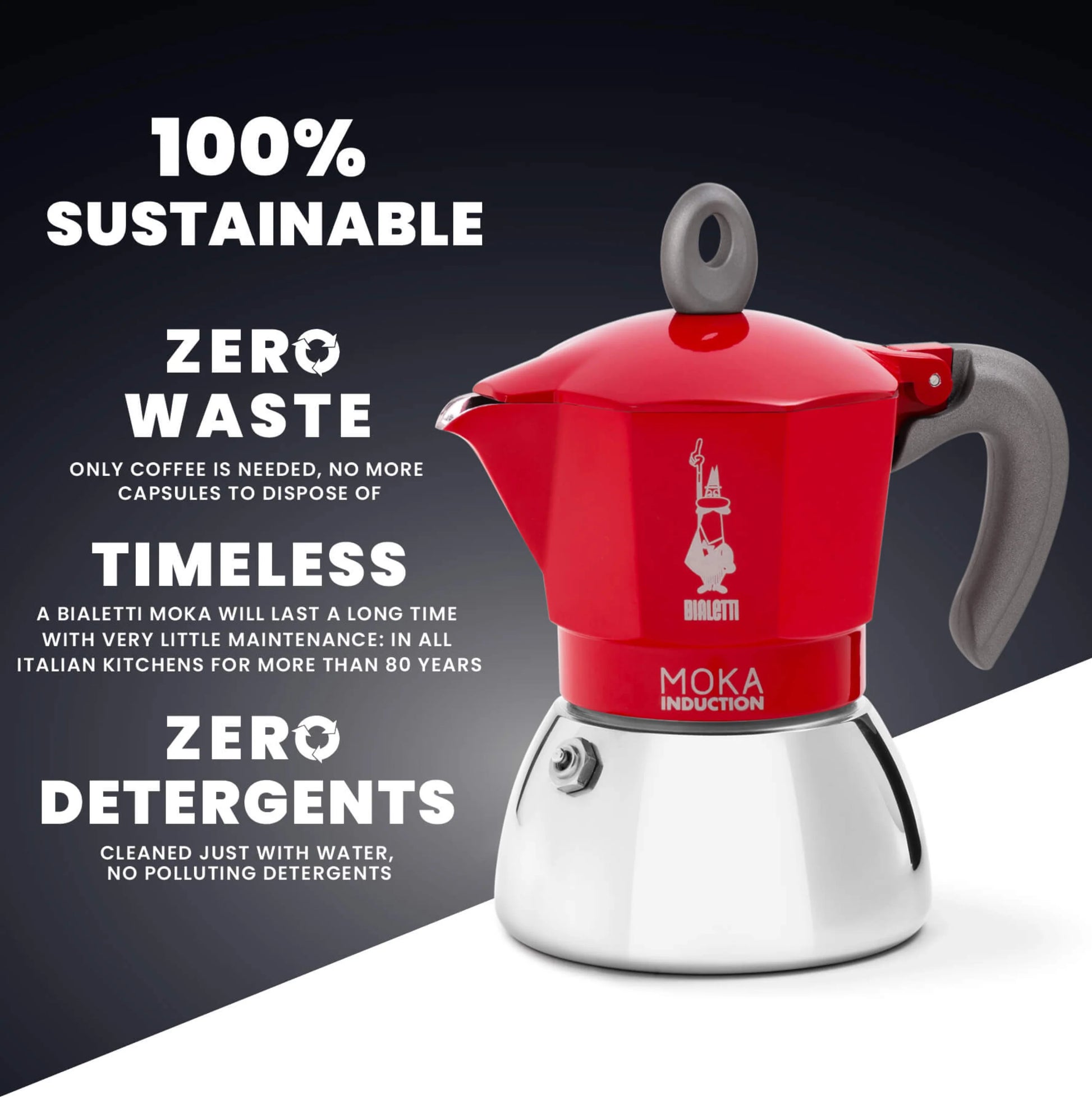 Red Bialetti Moka Induction stovetop coffee maker by Brew Italia, showcasing its compact design and stainless steel construction.