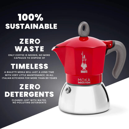 Red Bialetti Moka Induction stovetop coffee maker by Brew Italia, showcasing its compact design and stainless steel construction.