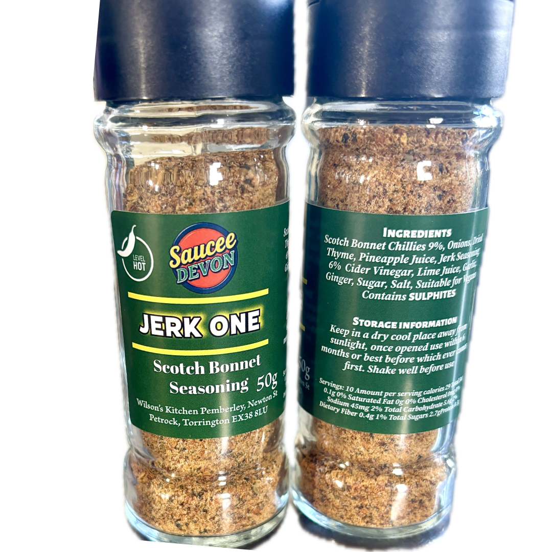 Wilson’s Kitchen Jerk Scotch Bonnet Seasoning in a jar, featuring vibrant chili and spice blend for flavorful cooking and grilling.
