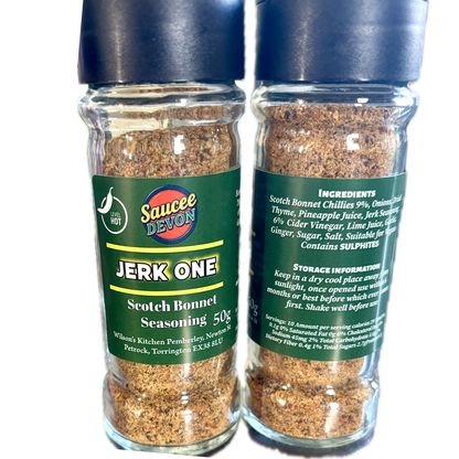 Wilson’s Kitchen Jerk Scotch Bonnet Seasoning in a jar, featuring vibrant chili and spice blend for flavorful cooking and grilling.