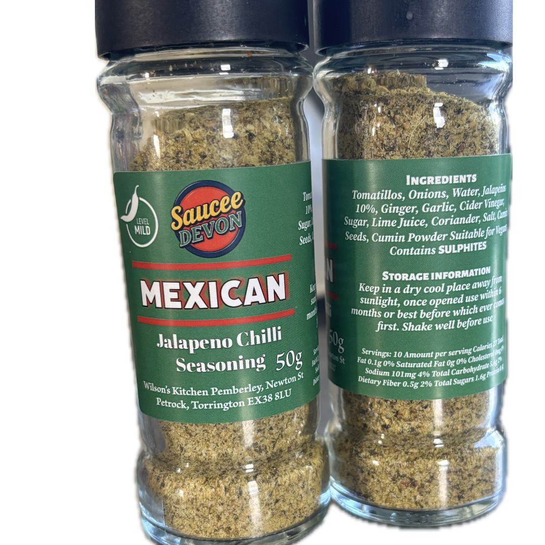 Wilson’s Kitchen Mexican Jalapeno Chilli Seasoning in a jar, featuring vibrant red chili flakes and seasoning herbs.