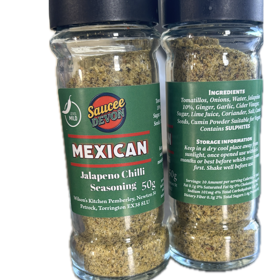 Wilson’s Kitchen Mexican Jalapeno Chili Seasoning for cooking, featuring vibrant red chili flakes and spices in a jar.
