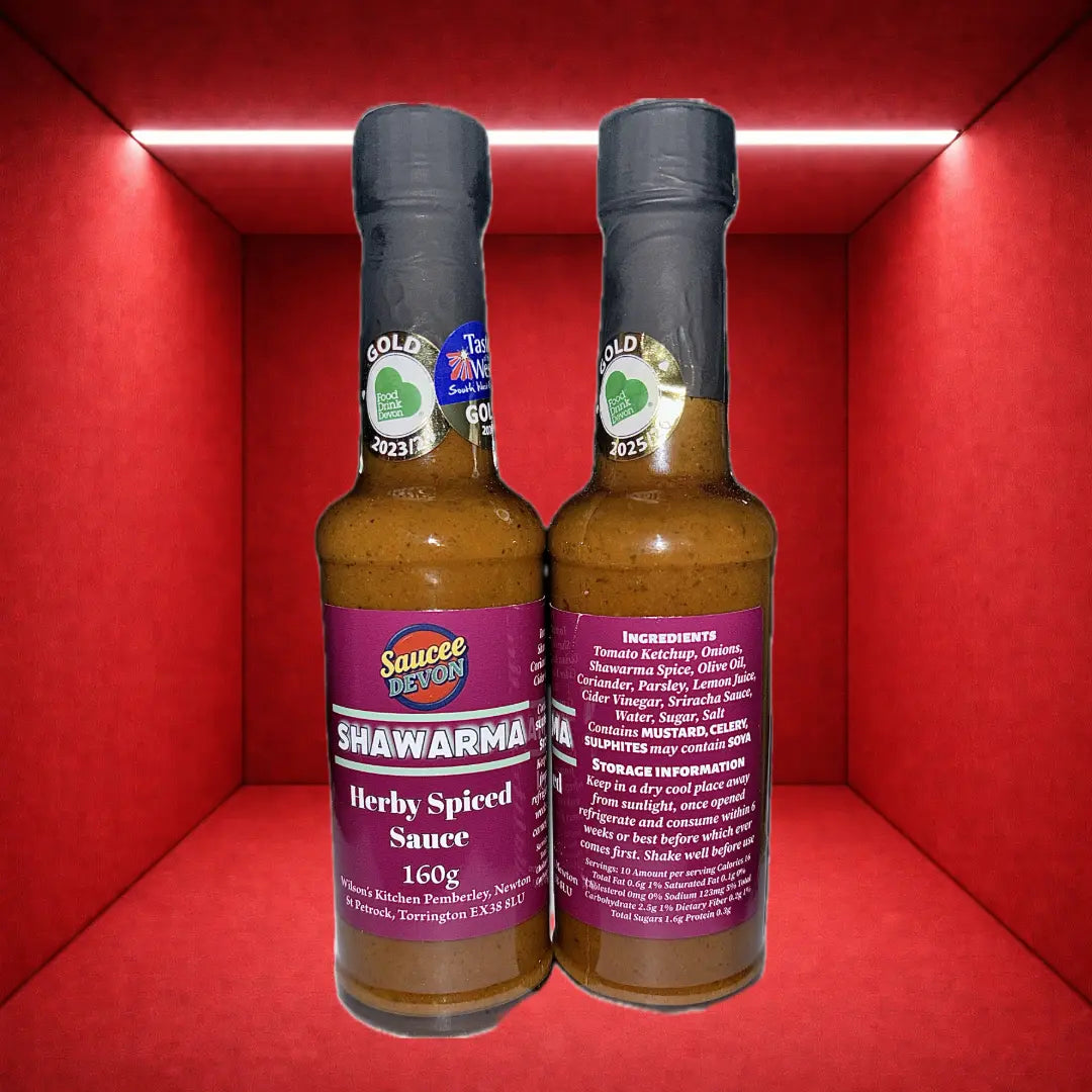Award-winning Wilson’s Kitchen Shawarma Sauce in a jar, showcasing the rich, flavorful sauce with a smooth texture.