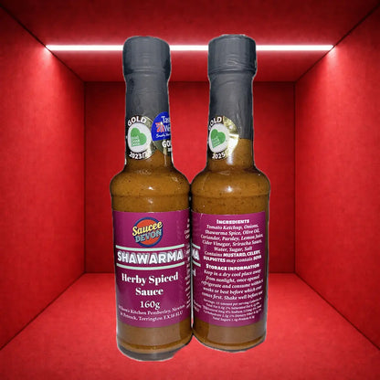 Award-winning Wilson’s Kitchen Shawarma Sauce in a jar, showcasing the rich, flavorful sauce with a smooth texture.
