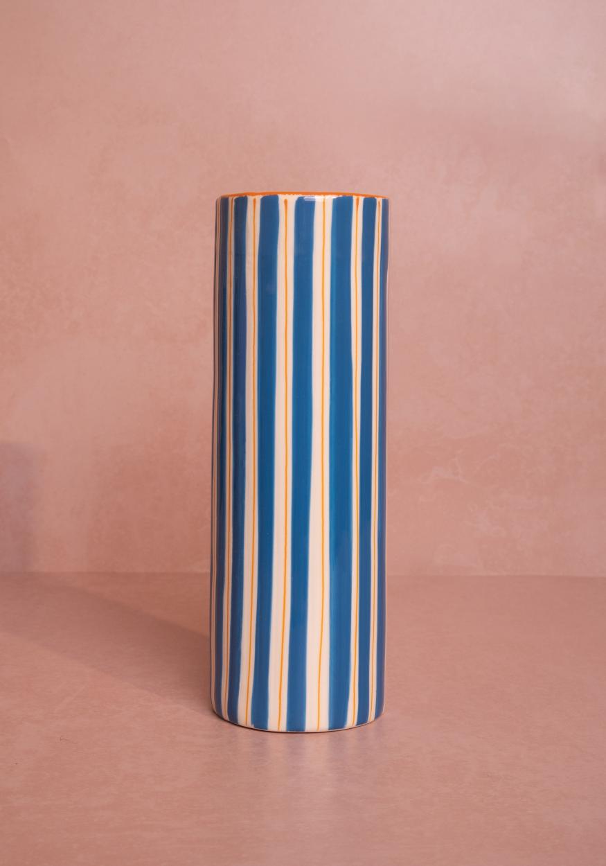 Casa by Josephine Jenno Amalfi Coast Vase, striped ceramic tabletop vase in blue and orange, perfect for home decor and centerpieces.