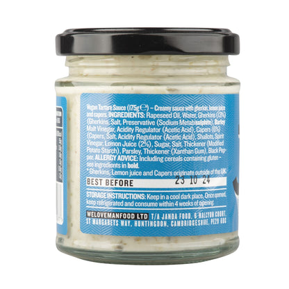 Janda Vegan Tartare Sauce jar, creamy condiment with herbs and lemon, ready to serve as a flavorful topping or dip.