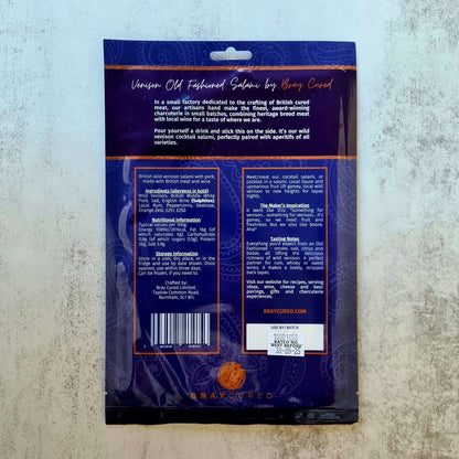 Back view of Bray Cured Venison Old Fashioned Salami pack, showcasing the charcuterie slices and packaging details.