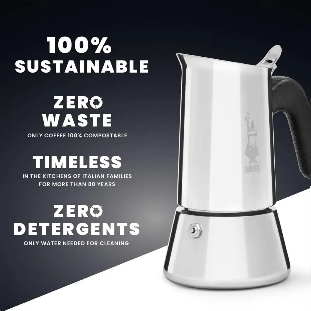 Bialetti Venus induction stovetop coffee maker by Brew Italia, with stainless steel body and black handle for brewing espresso.