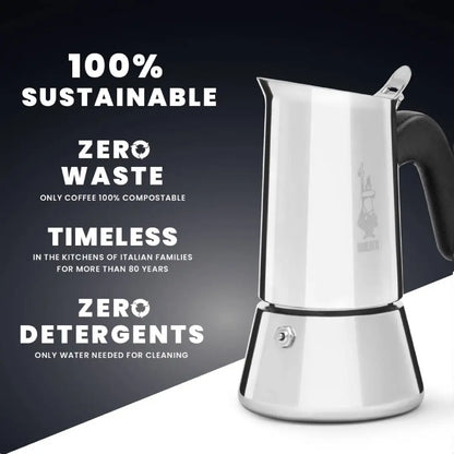 Bialetti Venus induction stovetop coffee maker by Brew Italia, with stainless steel body and black handle for brewing espresso.