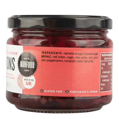 Manfood Vietnamese Pickled Onions in a jar, showcasing vibrant, sliced pickles with a tangy appearance and fresh herbs.