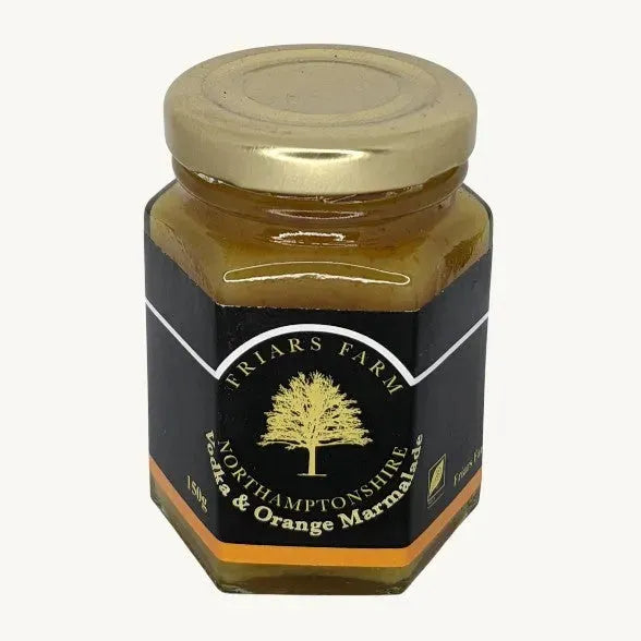Jar of Friars Farm vodka and orange marmalade, 200g, with visible orange slices and spreadable marmalade texture.