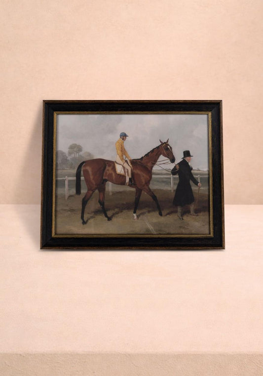 Vintage style race track wall art titled Morning Ride Portrait by Casa, featuring a nostalgic race scene in a classic art print.