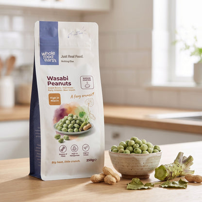 Spicy wasabi-coated peanuts from Whole Food Earth, showcasing a bowl of green wasabi peanuts on a wooden surface.