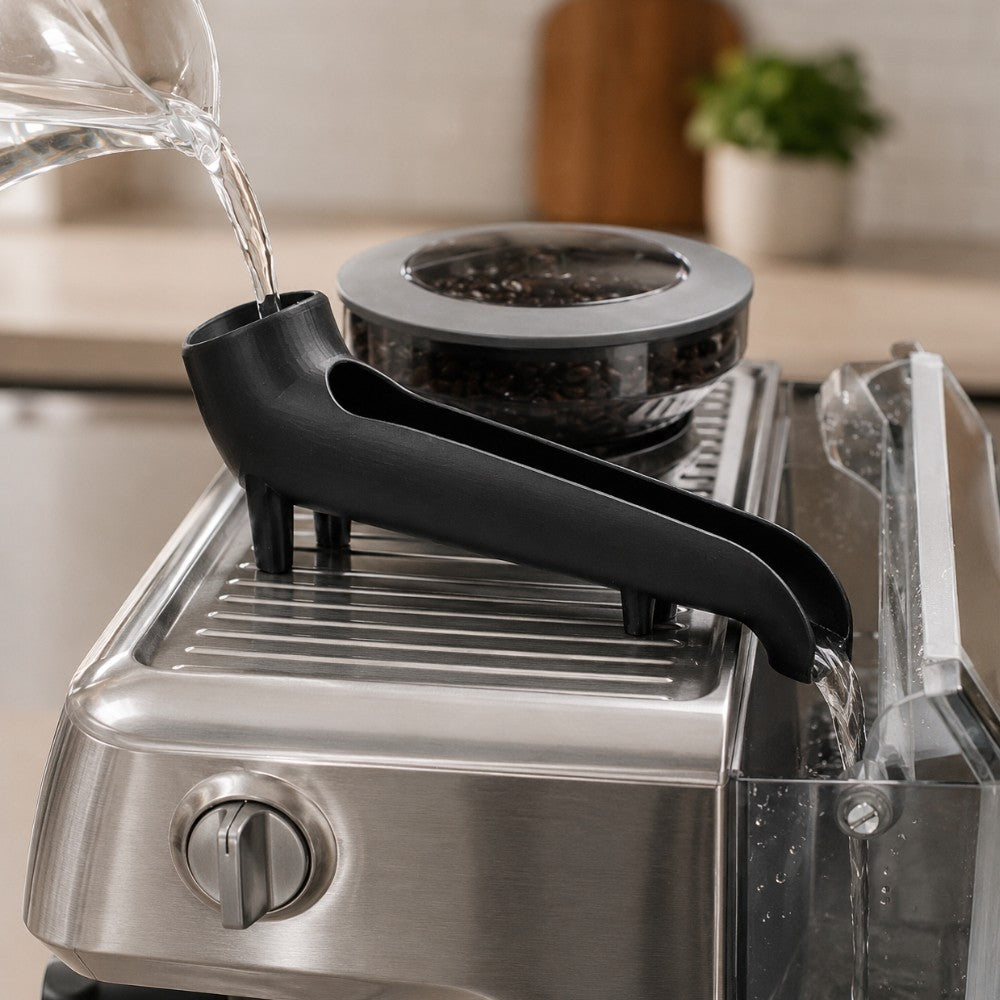 KNOCDIC® water tank filler funnel in use, designed for Sage, Breville, Lelit Bianca, Profitec Pro700, and Rancilio Silvia Pro coffee machines