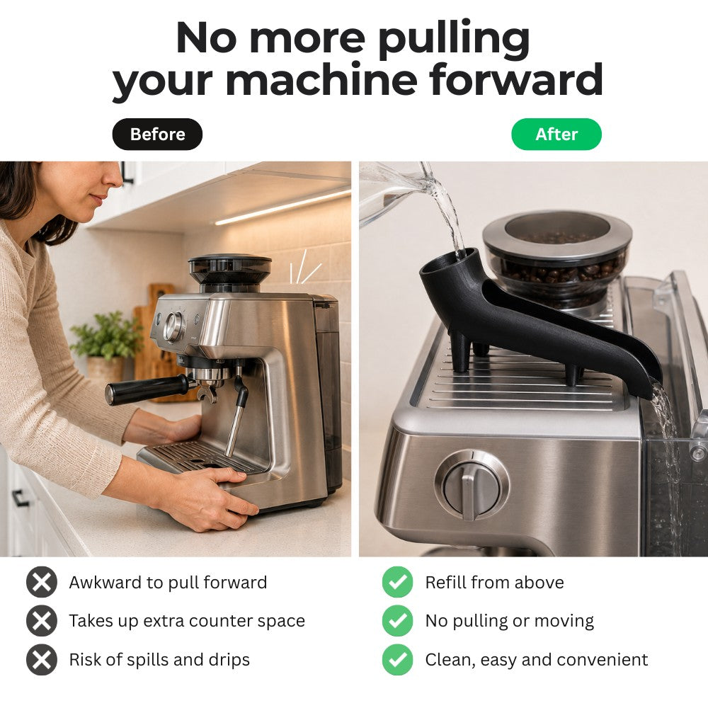 KNOCDIC® water tank filler funnel for Sage, Breville, Lelit Bianca, Rancilio Silvia Pro, and other coffee machine rear tanks.