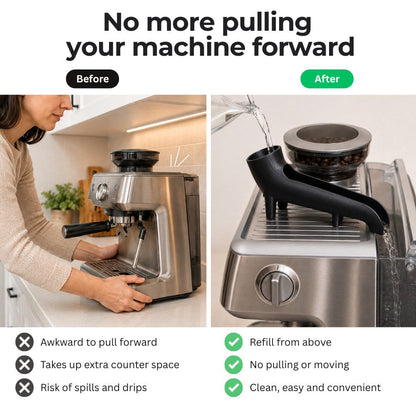 KNOCDIC® water tank filler funnel for Sage, Breville, Lelit Bianca, Rancilio Silvia Pro, and other coffee machine rear tanks.