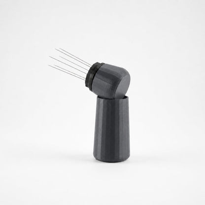 KNOCDIC® espresso WDT tool with charcoal-colored stand holder for precise coffee grounds distribution and tamping.