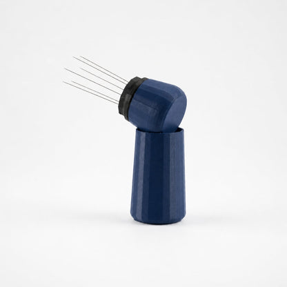 KNOCDIC® dark blue espresso WDT tool with standing holder for precise coffee tamping and distribution.