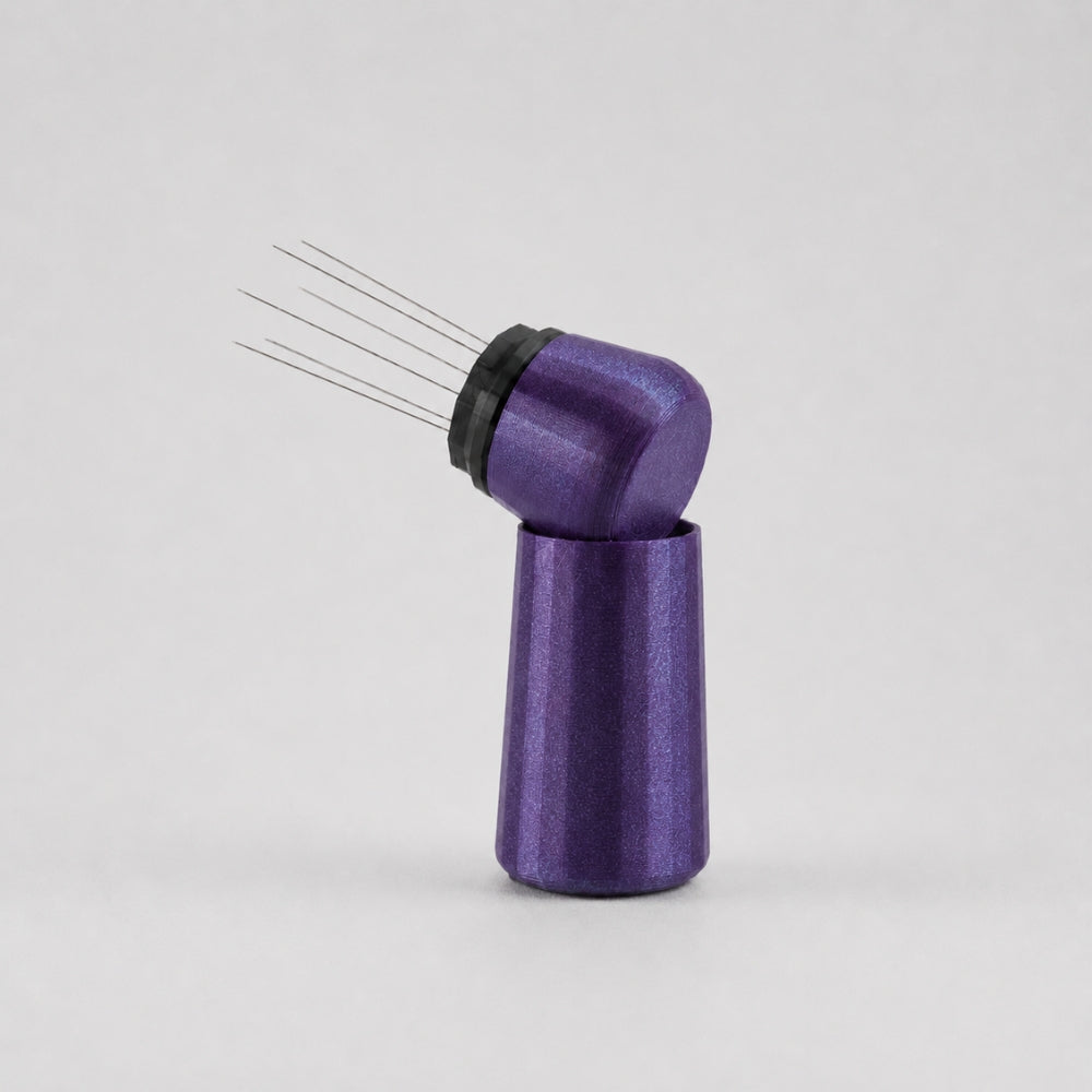KNOCDIC® Galaxy Purple espresso WDT tool with standing holder for precise coffee grounds distribution.