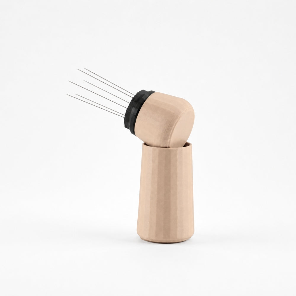 KNOCDIC® espresso WDT tool with standing holder in latte brown for precise coffee tamping and distribution.