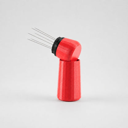 Red KNOCDIC® Espresso WDT Tool with standing holder for precise coffee extraction and tamping.