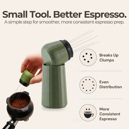 KNOCDIC® espresso WDT tool with standing holder for even coffee grounds distribution in espresso preparation.