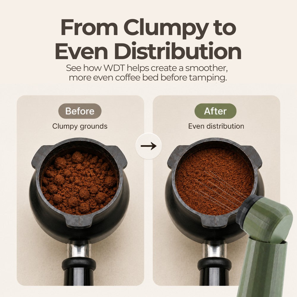 KNOCDIC® Espresso WDT tool with standing holder for precise coffee grind distribution, shown in a close-up image.