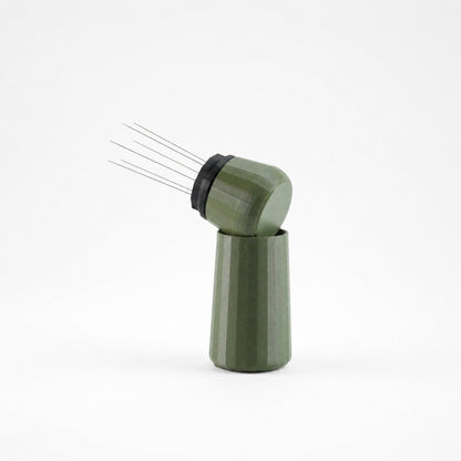 KNOCDIC® Espresso WDT Tool with standing holder for precise coffee bean distribution, shown in a close-up shot.
