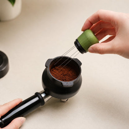 KNOCDIC® espresso WDT tool with standing holder used for evenly stirring coffee grounds in a portafilter.