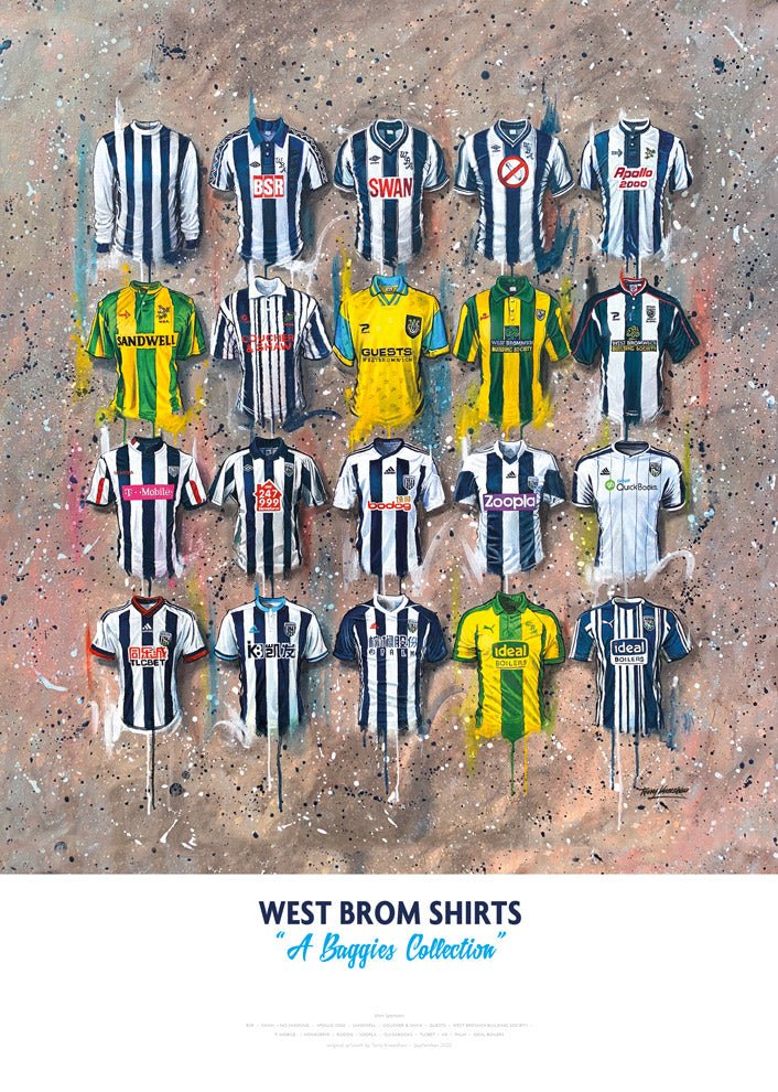 Limited edition signed print of West Brom FC shirts by Terry Kneeshaw Art, featuring detailed artwork of historic West Brom shirts.