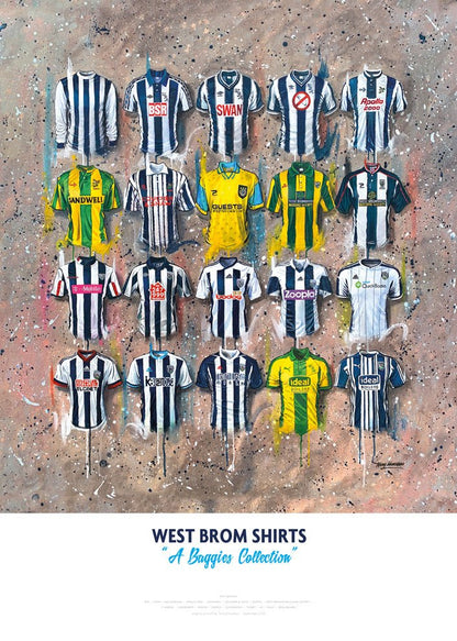 Limited edition signed print of West Brom FC shirts by Terry Kneeshaw Art, featuring detailed artwork of historic West Brom shirts.