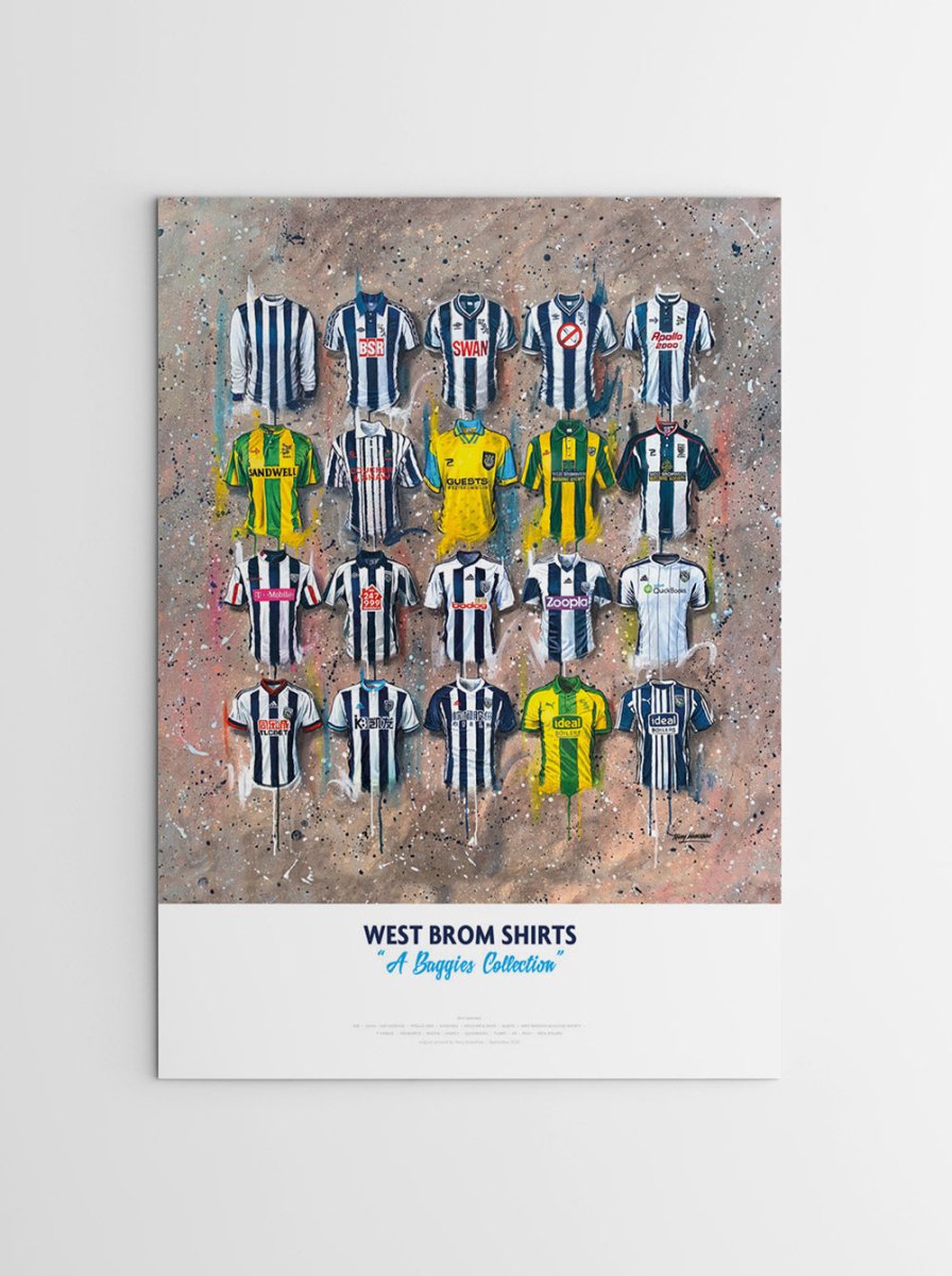 Limited edition signed print of West Brom FC shirts by Terry Kneeshaw Art, featuring detailed artwork of iconic team jerseys.
