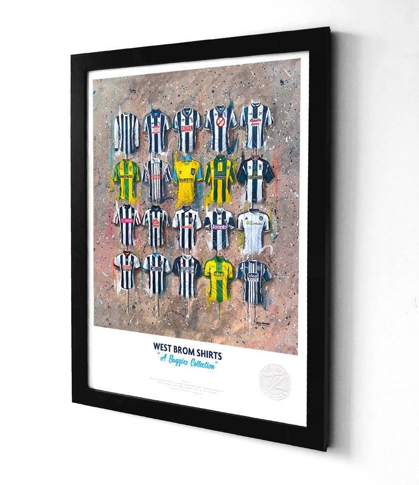 Limited edition West Bromwich Albion A3 framed print of iconic Baggies shirt art by Terry Kneeshaw Art.